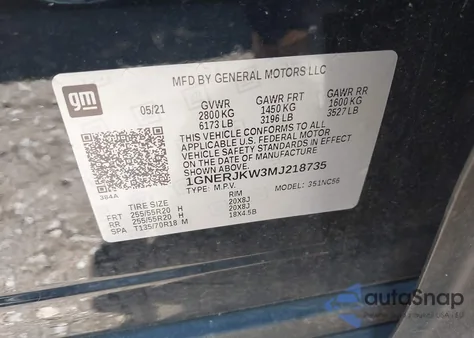 2021 Chevrolet Traverse Fwd Rs из США, поврежденный, VIN 1GNERJKW3MJ218735